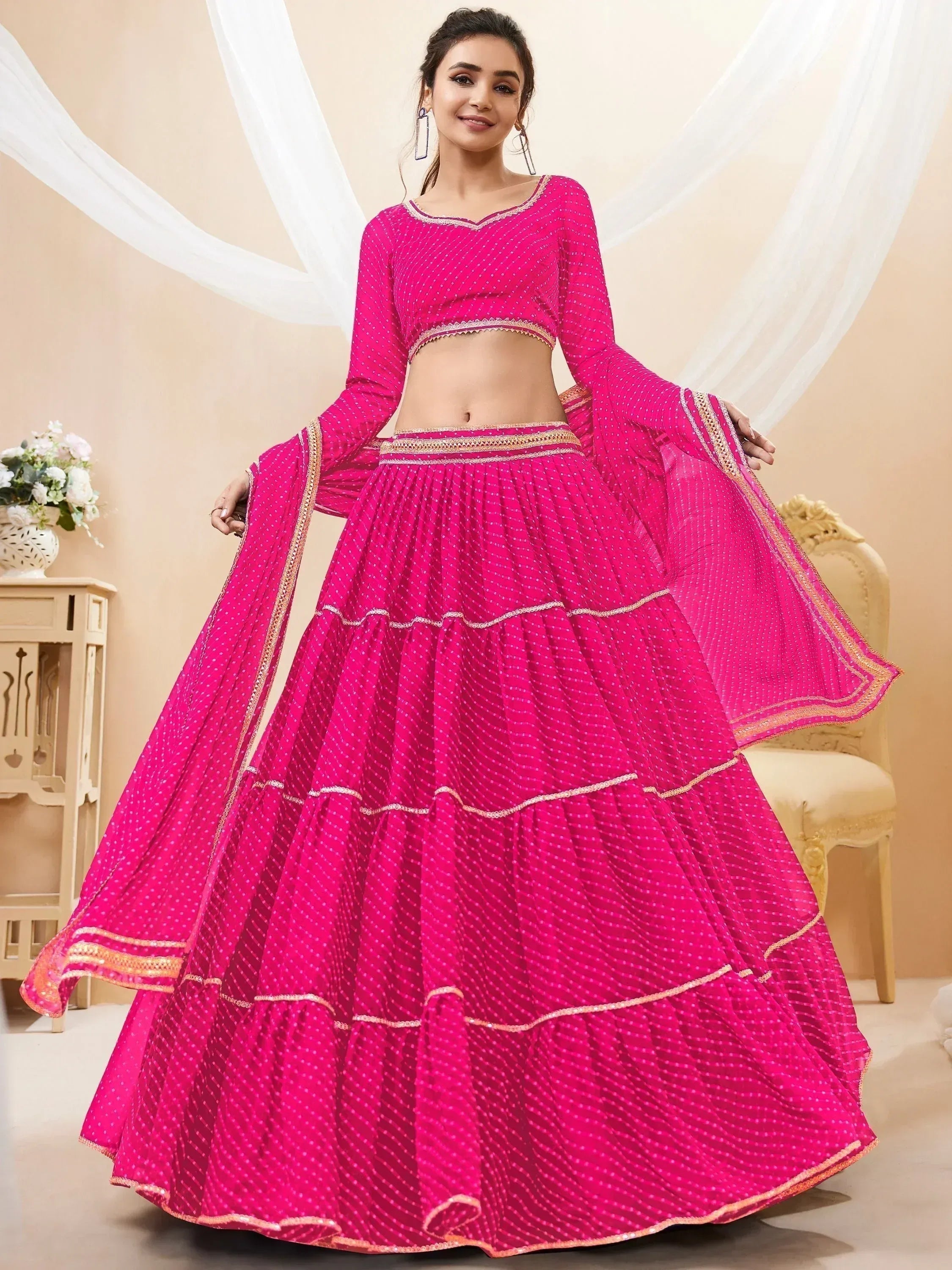 Tulsi Art Fabulous Pink Leheriya Printed Georgette Function Wear Lehenga Choli - Dista