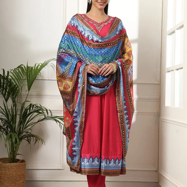Yufta Pink Anarkali Silk Blend Kurta Set With Pant And Dupatta With Cotton Lining - Distacart