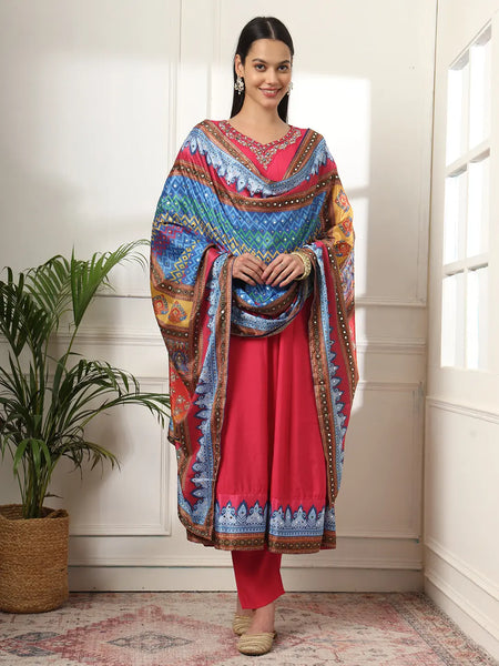 Yufta Pink Anarkali Silk Blend Kurta Set With Pant And Dupatta With Cotton Lining