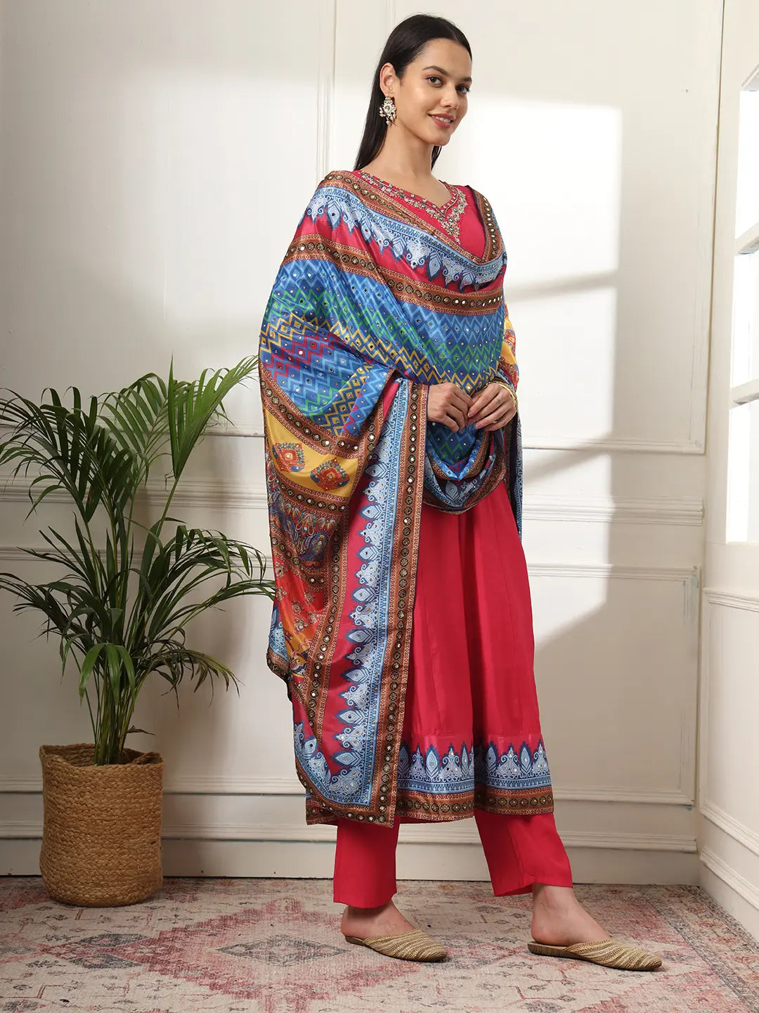 Yufta Pink Anarkali Silk Blend Kurta Set With Pant And Dupatta With Cotton Lining - Distacart