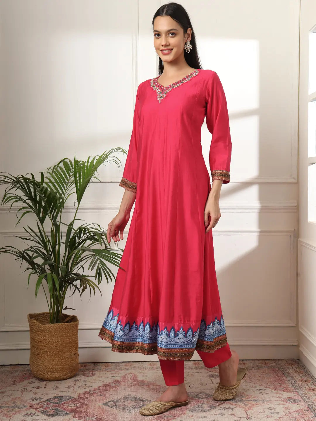 Yufta Pink Anarkali Silk Blend Kurta Set With Pant And Dupatta With Cotton Lining