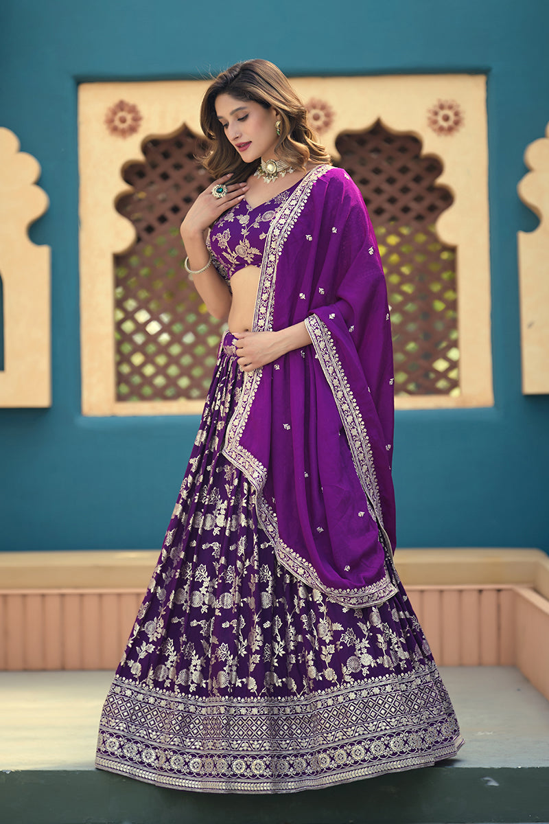 Monjolika Fashion Purple Embroidered Dola Silk Jacquard Designer Long Lehenga Choli - Distacart