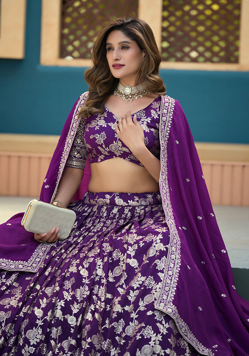 Monjolika Fashion Purple Embroidered Dola Silk Jacquard Designer Long Lehenga Choli - Distacart