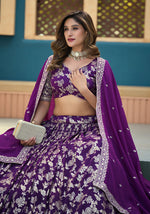 Thumbnail for Monjolika Fashion Purple Embroidered Dola Silk Jacquard Designer Long Lehenga Choli - Distacart