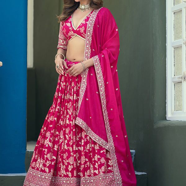 Monjolika Fashion Rani Pink Embroidered Dola Silk Jacquard Designer Long Lehenga Choli - Distacart