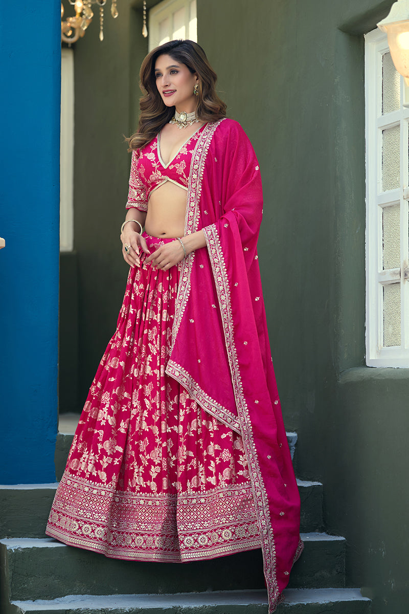 Monjolika Fashion Rani Pink Embroidered Dola Silk Jacquard Designer Long Lehenga Choli
