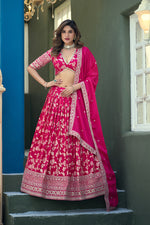 Thumbnail for Monjolika Fashion Rani Pink Embroidered Dola Silk Jacquard Designer Long Lehenga Choli - Distacart