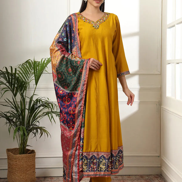 Yufta Mustard Anarkali Silk Blend Kurta Dupatta Set - Distacart