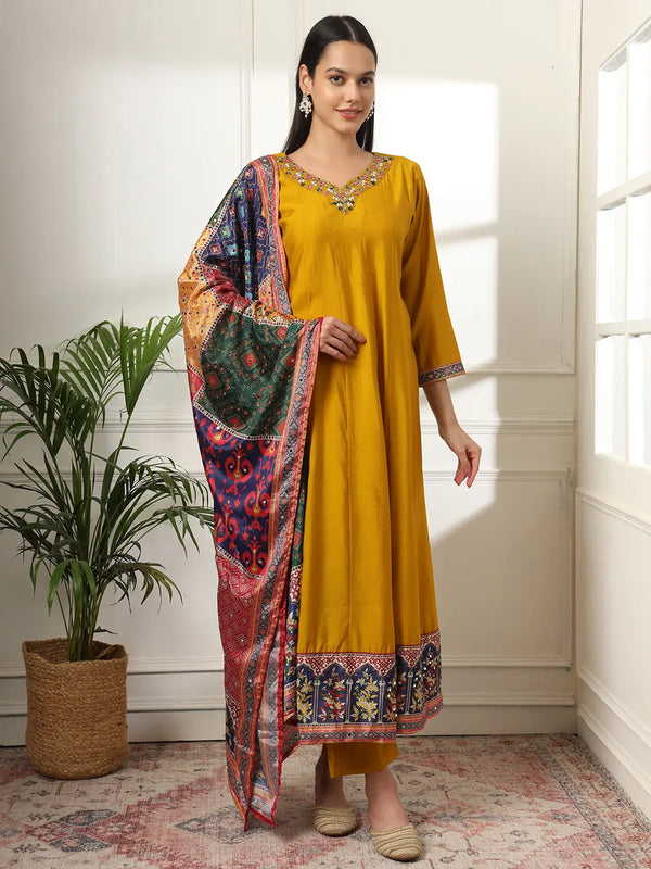 Yufta Mustard Anarkali Silk Blend Kurta Dupatta Set