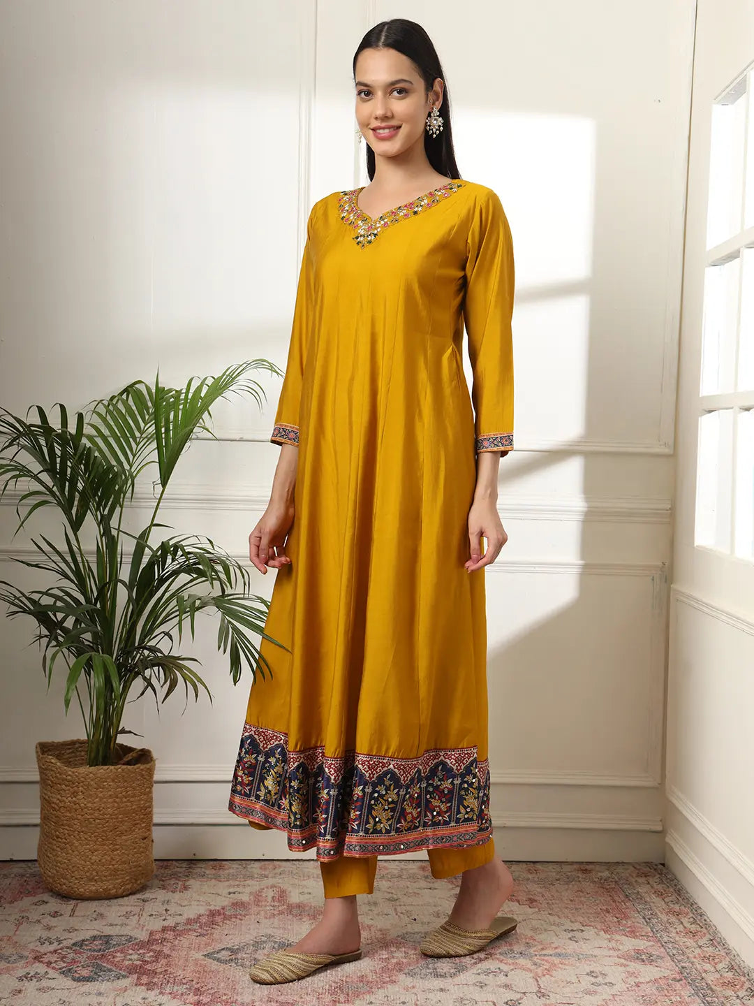 Yufta Mustard Anarkali Silk Blend Kurta Dupatta Set - Distacart
