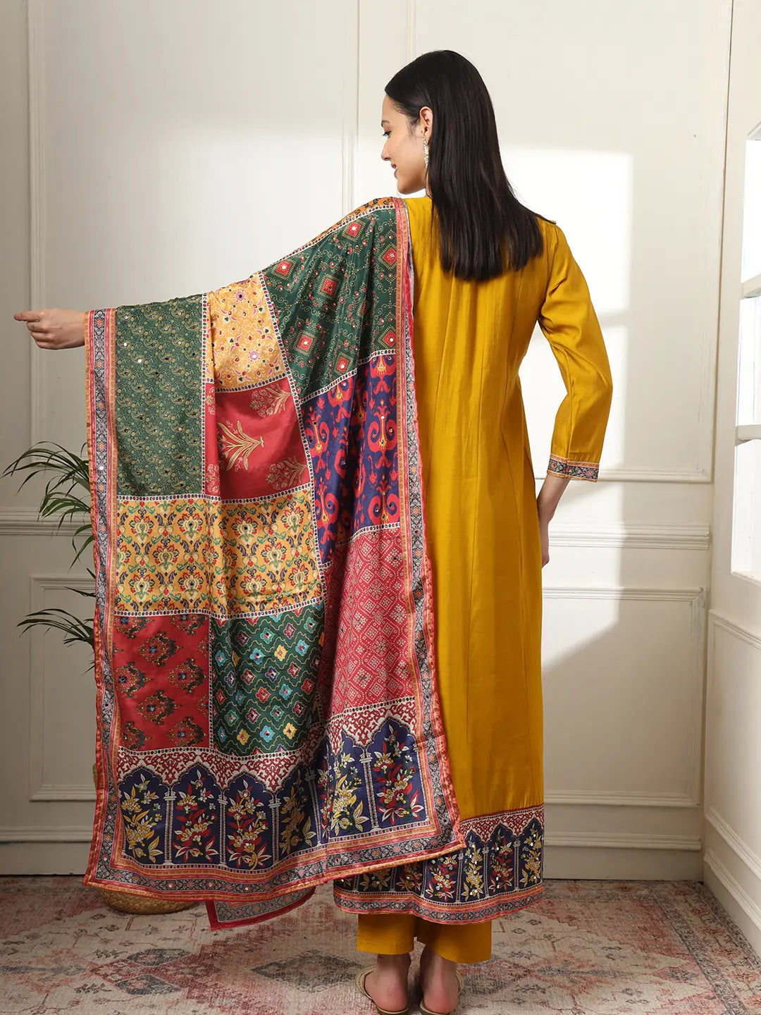 Yufta Mustard Anarkali Silk Blend Kurta Dupatta Set