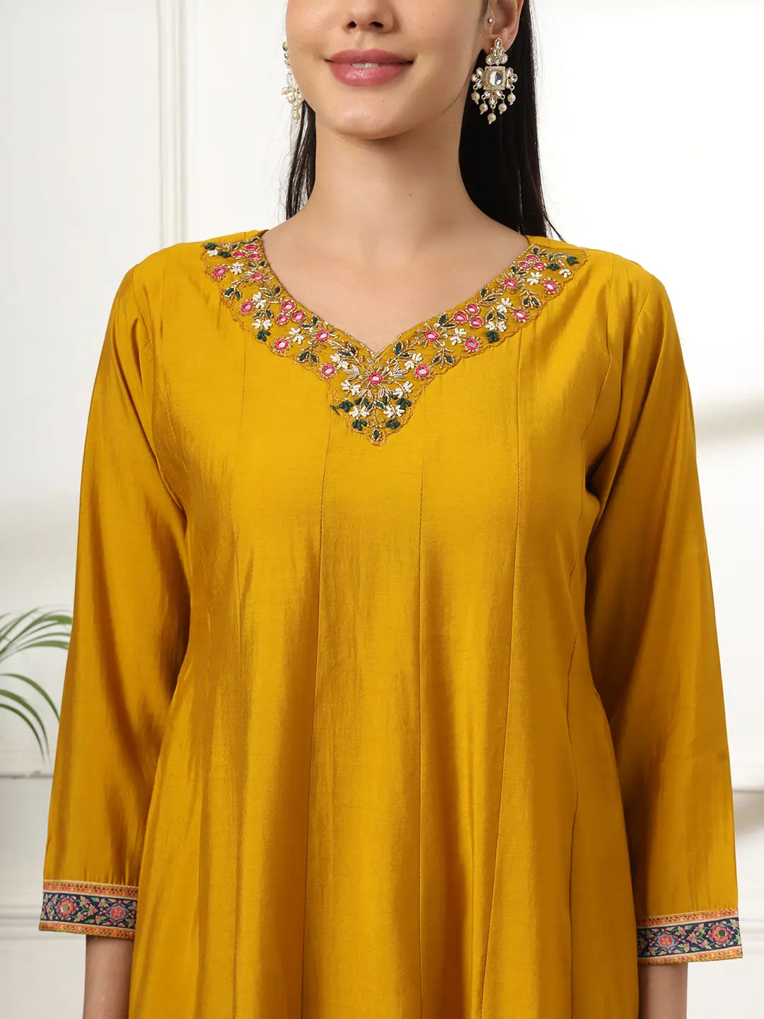 Yufta Mustard Anarkali Silk Blend Kurta Dupatta Set