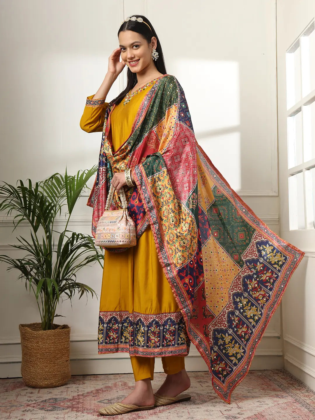Yufta Mustard Anarkali Silk Blend Kurta Dupatta Set