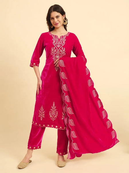 Yufta Pink Velvet Kurta Trouser And Dupatta Set With Embroidery