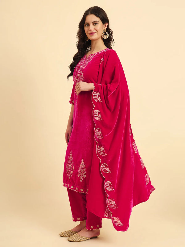 Yufta Pink Velvet Kurta Trouser And Dupatta Set With Embroidery