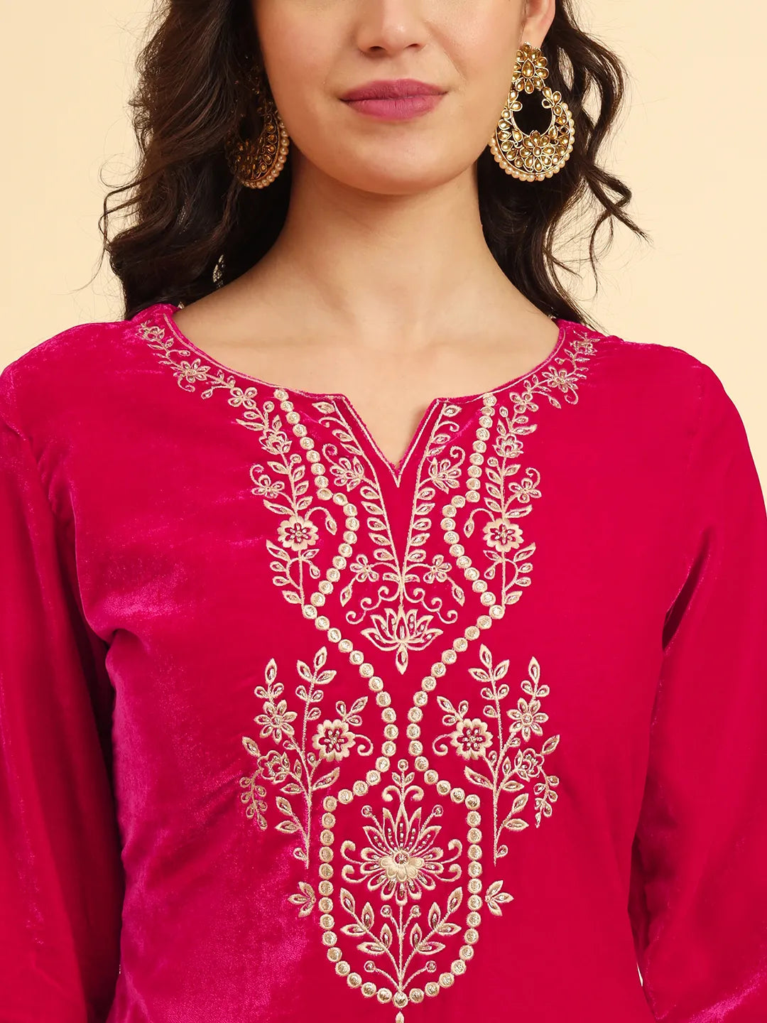 Yufta Pink Velvet Kurta Trouser And Dupatta Set With Embroidery
