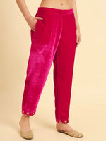 Thumbnail for Yufta Pink Velvet Kurta Trouser And Dupatta Set With Embroidery