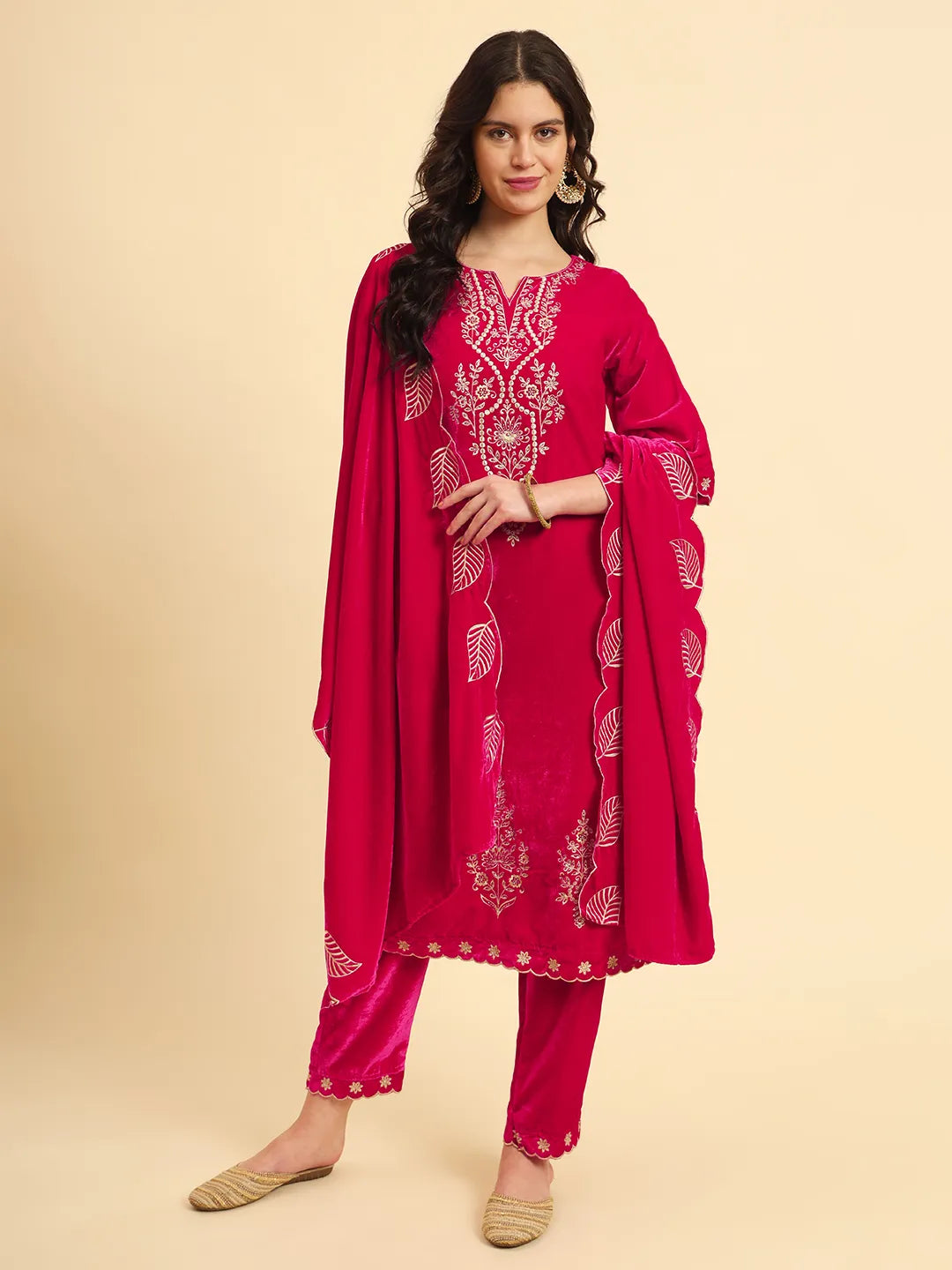 Yufta Pink Velvet Kurta Trouser And Dupatta Set With Embroidery