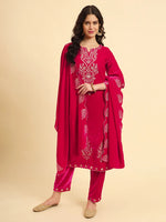 Thumbnail for Yufta Pink Velvet Kurta Trouser And Dupatta Set With Embroidery