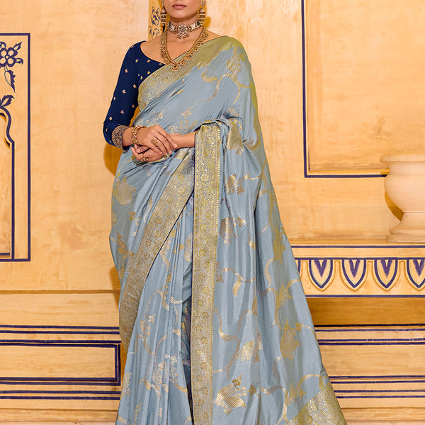 Monjolika Fashion Light Blue Faux Crepe Silk with beautiful Zari Weaving Work Classic Saree - Distacart