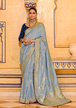 Thumbnail for Monjolika Fashion Light Blue Faux Crepe Silk with beautiful Zari Weaving Work Classic Saree - Distacart