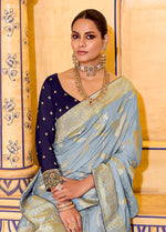 Thumbnail for Monjolika Fashion Light Blue Faux Crepe Silk with beautiful Zari Weaving Work Classic Saree - Distacart