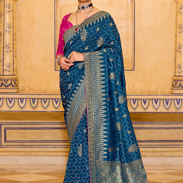 Monjolika Fashion Teal Blue Faux Crepe Silk with beautiful Zari Weaving Work Classic Saree - Distacart