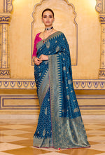 Thumbnail for Monjolika Fashion Teal Blue Faux Crepe Silk with beautiful Zari Weaving Work Classic Saree - Distacart