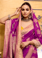 Thumbnail for Monjolika Fashion Magenta Faux Crepe Silk with beautiful Zari Weaving Work Classic Saree - Distacart