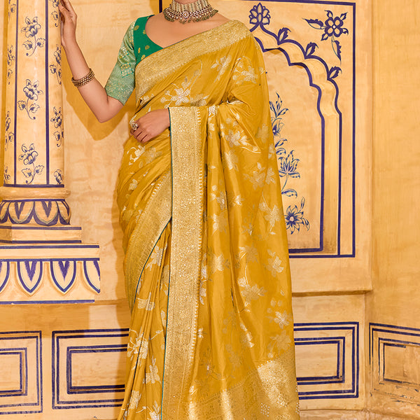 Monjolika Fashion Mustard Faux Crepe Silk with beautiful Zari Weaving Work Classic Saree - Distacart