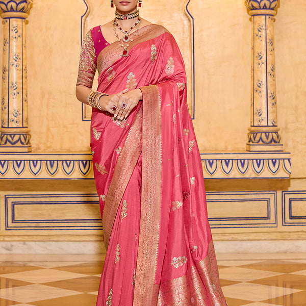Monjolika Fashion Dark Peach Faux Crepe Silk with beautiful Zari Weaving Work Classic Saree - Distacart
