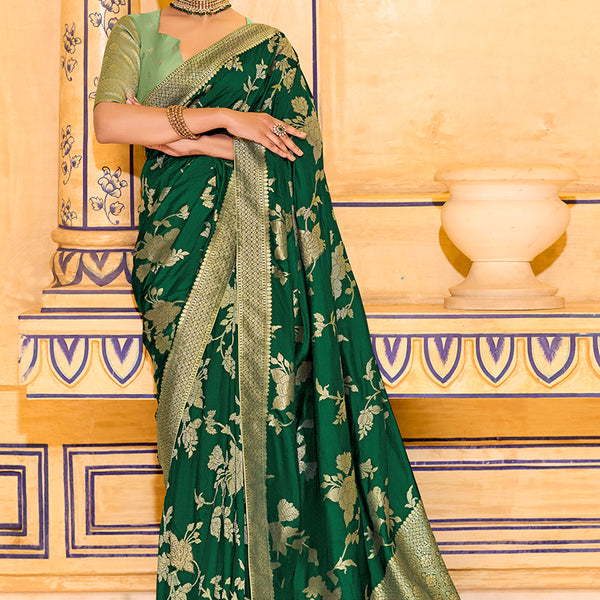Monjolika Fashion Dark Green Faux Crepe Silk with beautiful Zari Weaving Work Classic Saree - Distacart