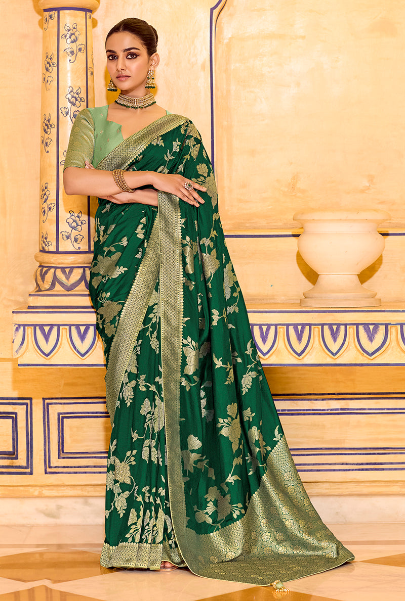 Monjolika Fashion Dark Green Faux Crepe Silk with beautiful Zari Weaving Work Classic Saree - Distacart