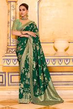 Thumbnail for Monjolika Fashion Dark Green Faux Crepe Silk with beautiful Zari Weaving Work Classic Saree - Distacart