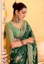 Thumbnail for Monjolika Fashion Dark Green Faux Crepe Silk with beautiful Zari Weaving Work Classic Saree - Distacart