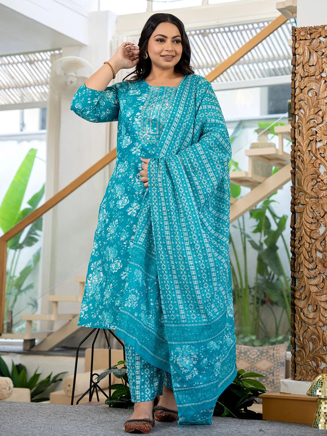 Yufta Blue Thread_Work Cotton Straight Plus Size Kurta Trouser & Dupatta Set - Distacart