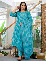 Thumbnail for Yufta Blue Thread_Work Cotton Straight Plus Size Kurta Trouser & Dupatta Set - Distacart