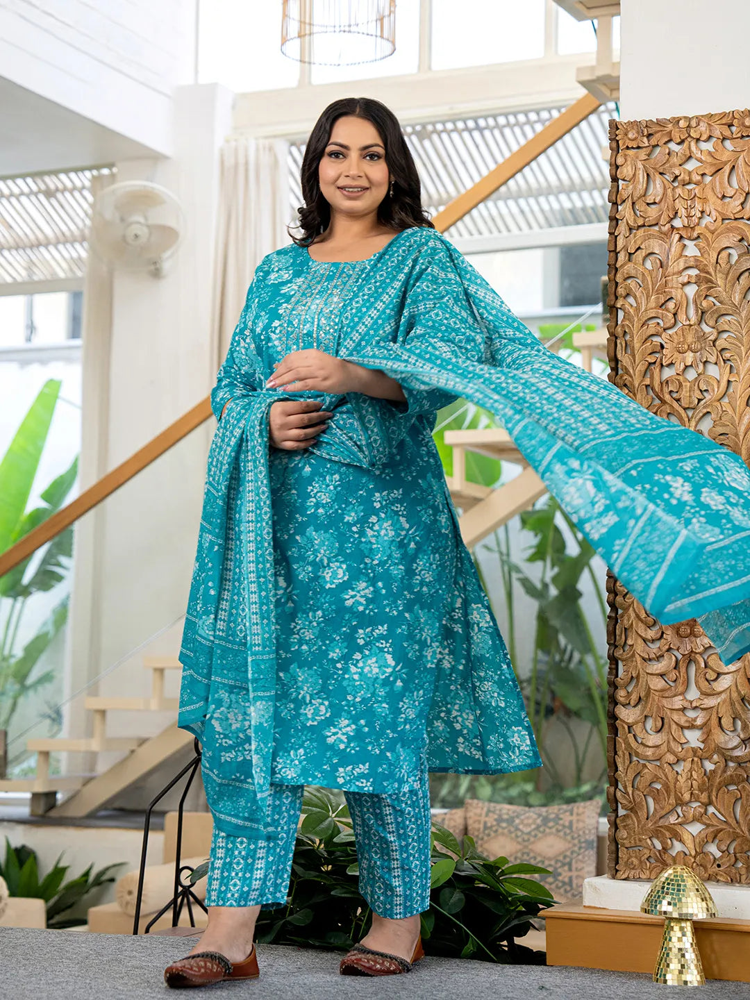 Yufta Blue Thread_Work Cotton Straight Plus Size Kurta Trouser & Dupatta Set - Distacart