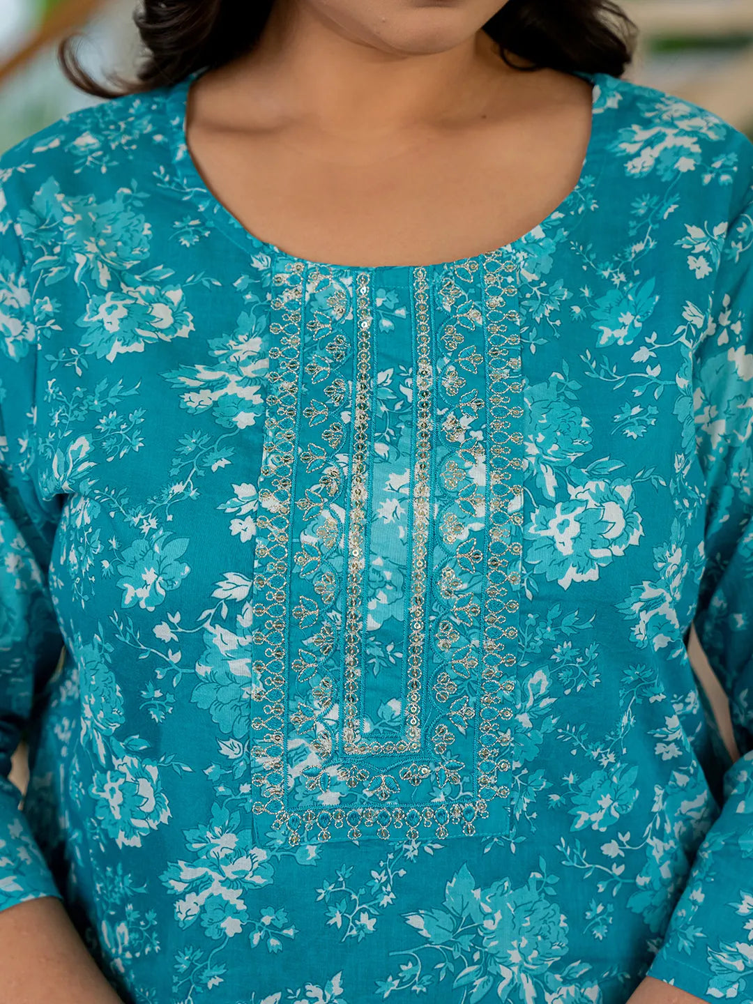 Yufta Blue Thread_Work Cotton Straight Plus Size Kurta Trouser & Dupatta Set - Distacart