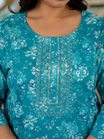 Thumbnail for Yufta Blue Thread_Work Cotton Straight Plus Size Kurta Trouser & Dupatta Set - Distacart