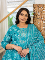 Thumbnail for Yufta Blue Thread_Work Cotton Straight Plus Size Kurta Trouser & Dupatta Set - Distacart