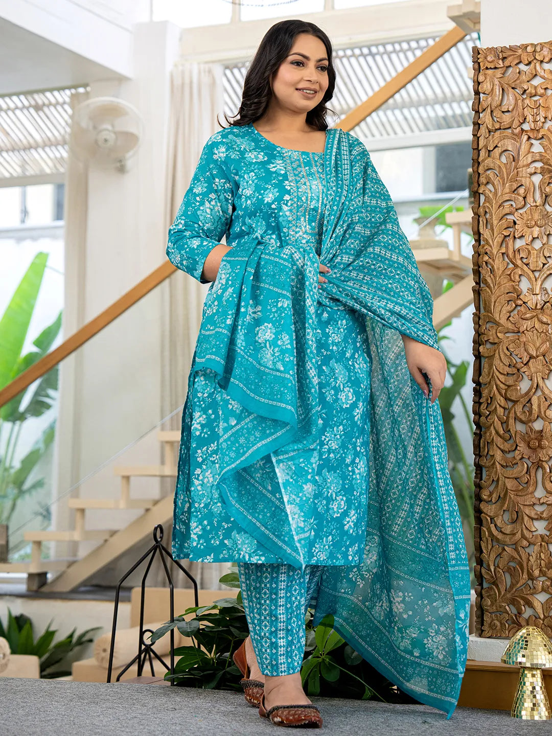 Yufta Blue Thread_Work Cotton Straight Plus Size Kurta Trouser & Dupatta Set - Distacart