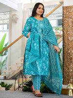 Thumbnail for Yufta Blue Thread_Work Cotton Straight Plus Size Kurta Trouser & Dupatta Set - Distacart