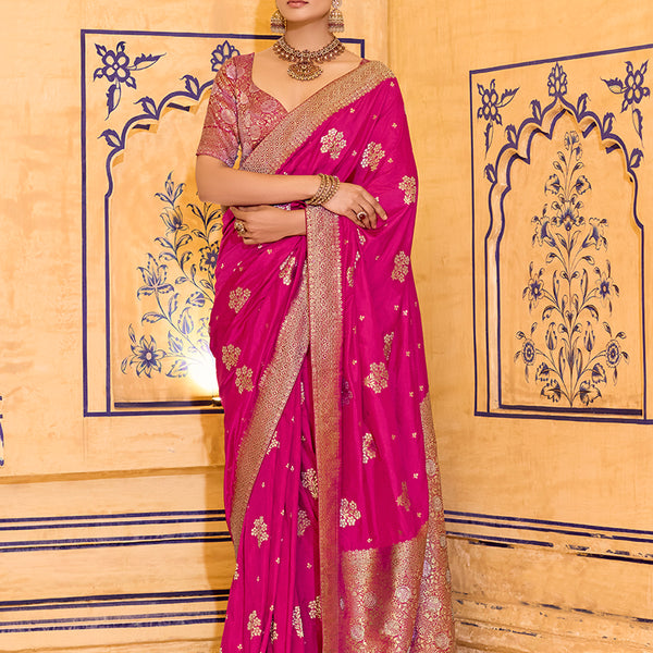 Monjolika Fashion Rani Pink Faux Crepe Silk with beautiful Zari Weaving Work Classic Saree - Distacart