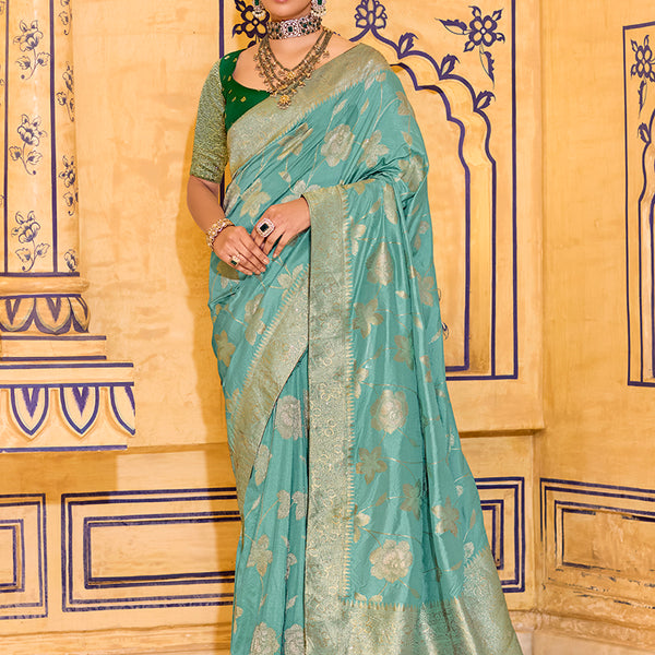 Monjolika Fashion Sea Green Faux Crepe Silk with beautiful Zari Weaving Work Classic Saree - Distacart
