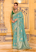 Thumbnail for Monjolika Fashion Sea Green Faux Crepe Silk with beautiful Zari Weaving Work Classic Saree - Distacart