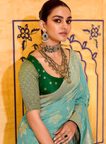 Thumbnail for Monjolika Fashion Sea Green Faux Crepe Silk with beautiful Zari Weaving Work Classic Saree - Distacart