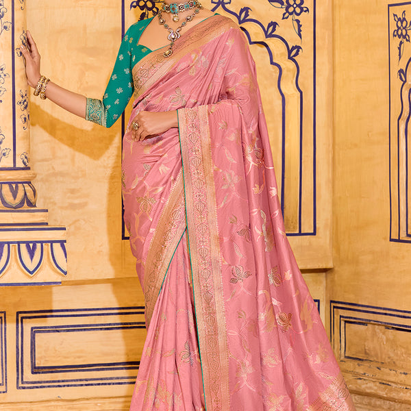 Monjolika Fashion Baby Pink Faux Crepe Silk with beautiful Zari Weaving Work Classic Saree - Distacart