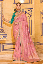 Thumbnail for Monjolika Fashion Baby Pink Faux Crepe Silk with beautiful Zari Weaving Work Classic Saree - Distacart