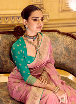 Thumbnail for Monjolika Fashion Baby Pink Faux Crepe Silk with beautiful Zari Weaving Work Classic Saree - Distacart